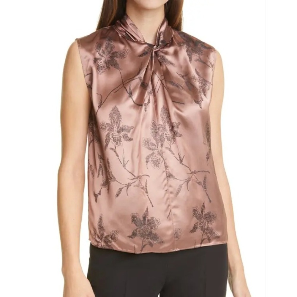 Vince Blouse Womens Small Pink Floral Sleeveless Tie Neck Satin Rayon